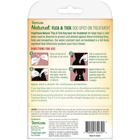 TropiClean Natural* Flea & Tick Spot On Treatment for Large Dogs, over 75 lbs